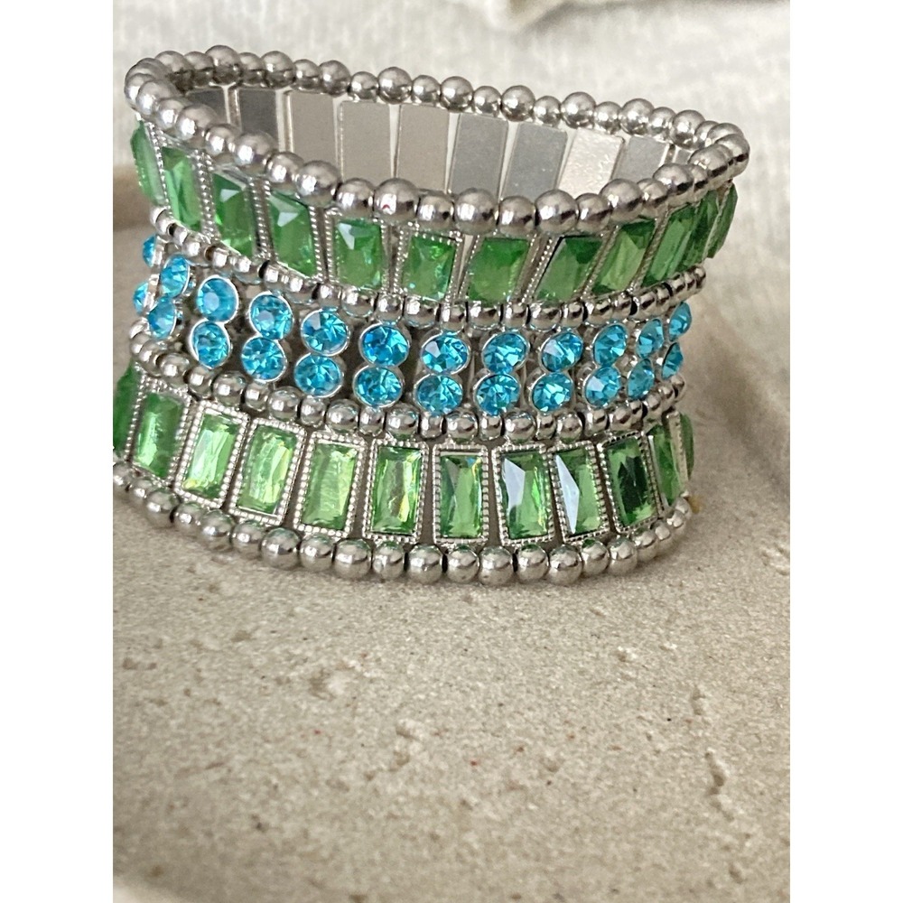 Bold Green Aqua Rhinestone Bracelet Wide Silver Tone Stretch Costume Chunky‎